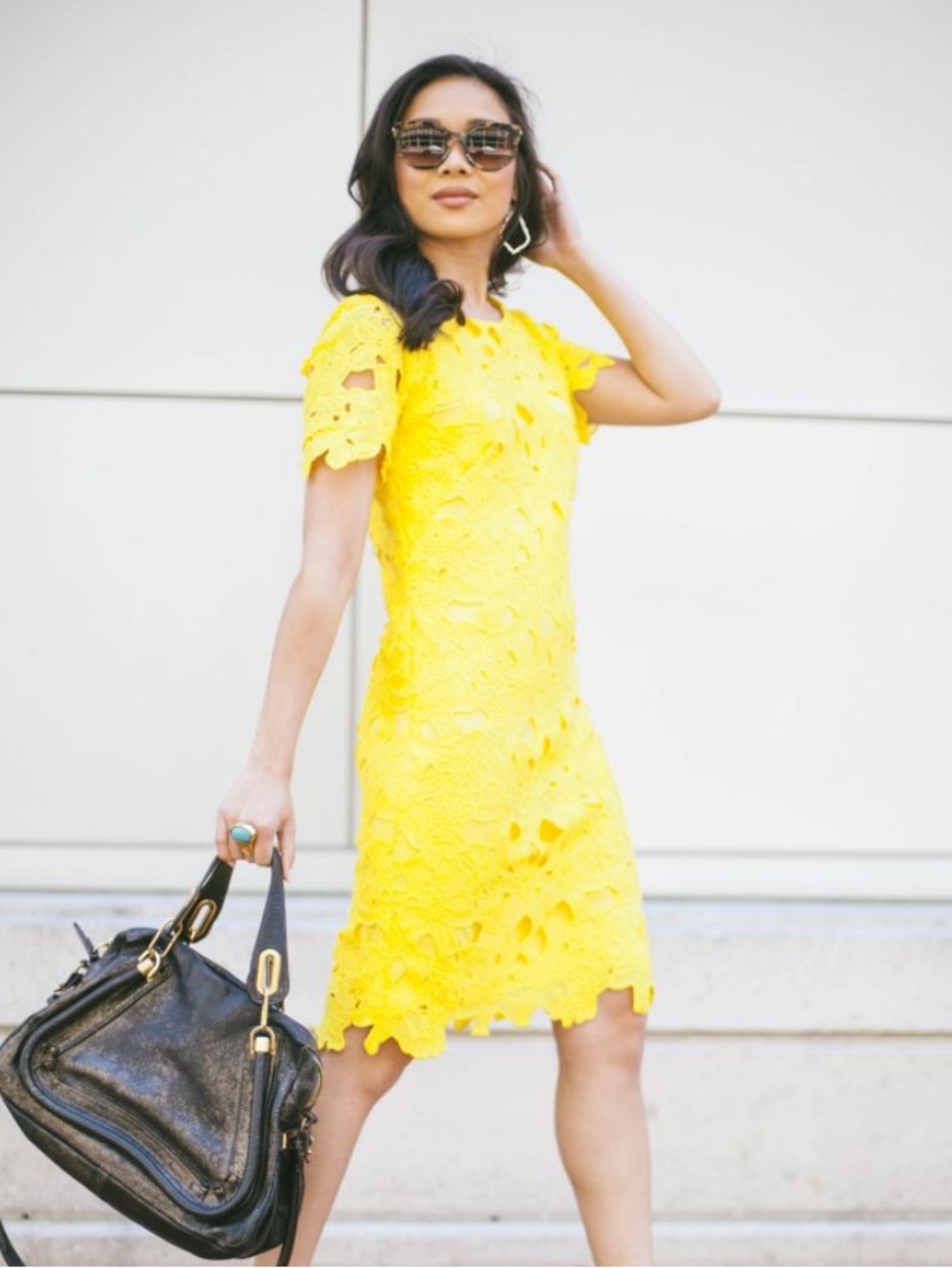 Calvin Klein Bright Canary Yellow Floral Crochet Lace Lined Midi Sheath Dress